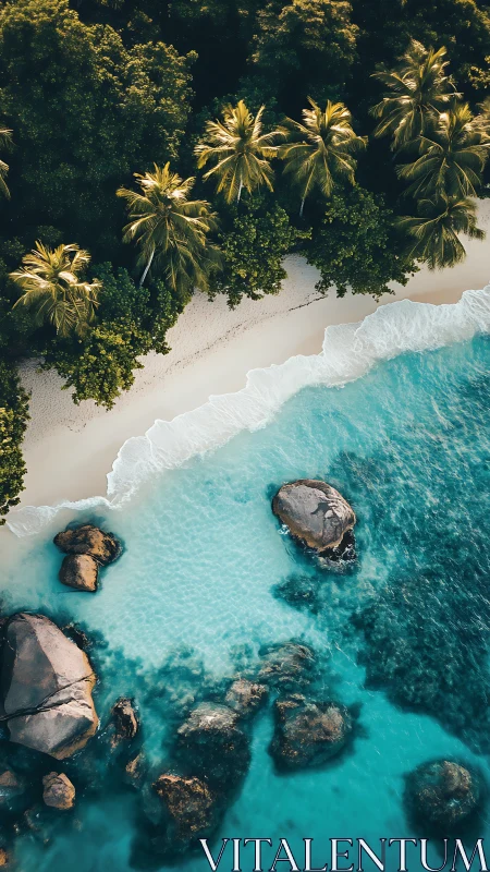 Aerial perspective captures tropical shoreline with crystalline waters.