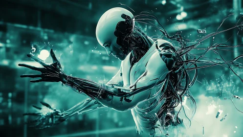 Neon-torn android reaching through a storm of flying circuits.