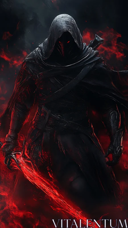 Hooded dark figure wielding glowing red energy sword.