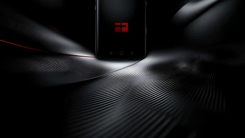Smartphone hovers above dark metallic waves with red logo