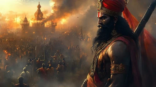 Warrior king observing burning temple battlefield scene.