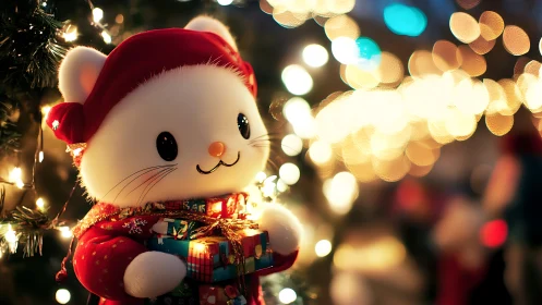 Cozy holiday cat plush with gifts under sparkling lights.