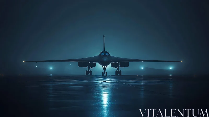 Stealth bomber dominates misty runway under cyan lights.