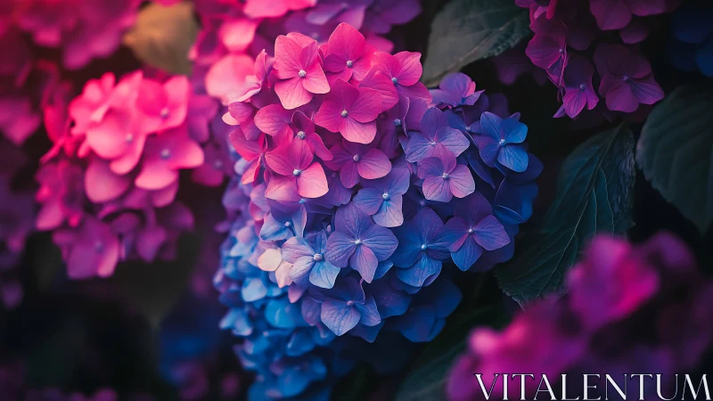 Hydrangea Blooms Captured in Neon Pink and Blue Chromatic Gradient