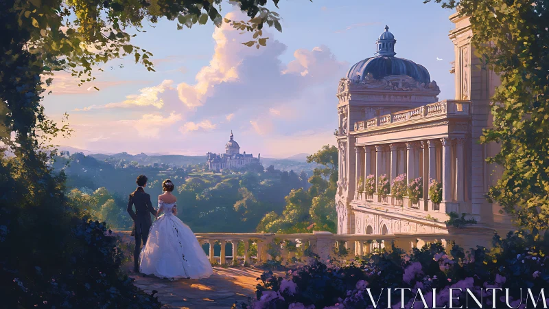 Romantic terrace vista over neoclassical palace gardens.