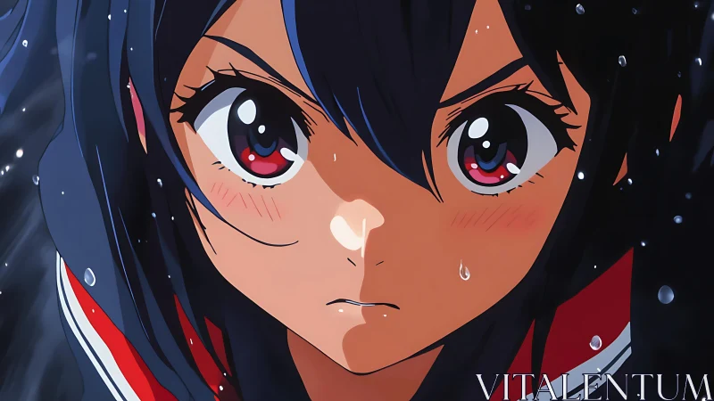 Fierce anime girl meets the rain with brave, steady eyes