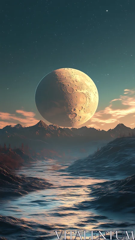 Colossal crescent moon above glacial river at dusk