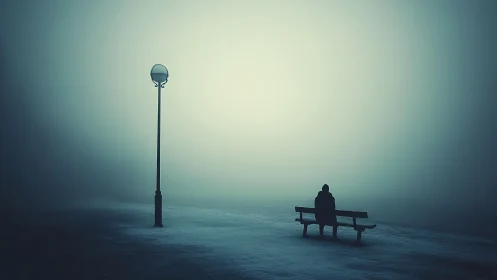 Solitary bench figure under diffusion-dimmed fog lamp glow.