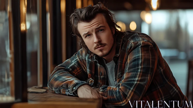 Pensive man leans at cafe window in warm evening glow