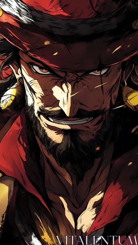 Scarred pirate captain glares forward in fiery shadows