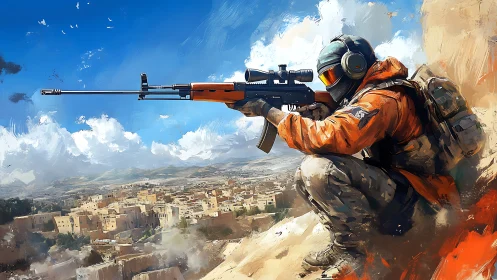 Tactical marksman positioned on desert cliff overlooking town below.