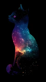 Cosmic silhouette of a sitting cat filled with nebulae.