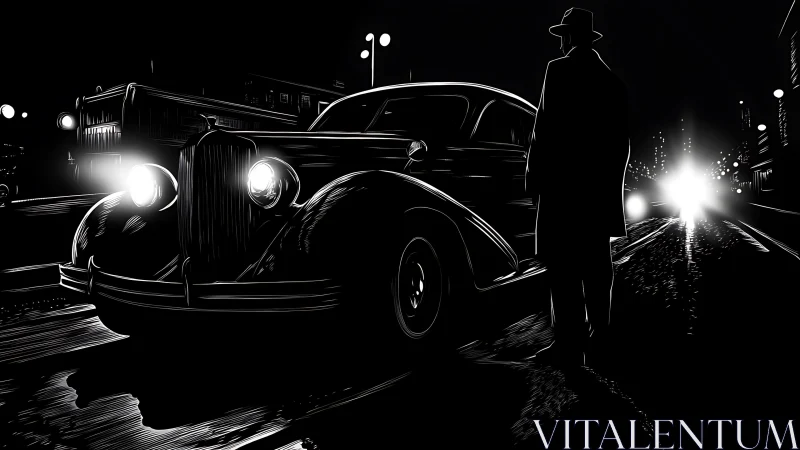 Midnight city streets welcome a vintage car and lone figure