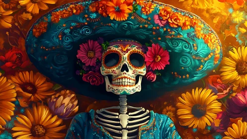 Joyful D&iacute;a de Muertos skeleton glows in bright floral splendor