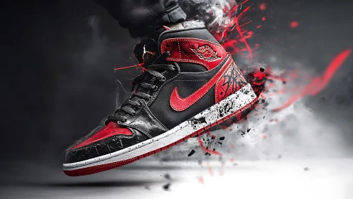 Kinetic close-up of red black sneaker with explosive motion tracking.