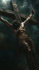 Crucified male figure on wooden cross in stormy atmosphere.