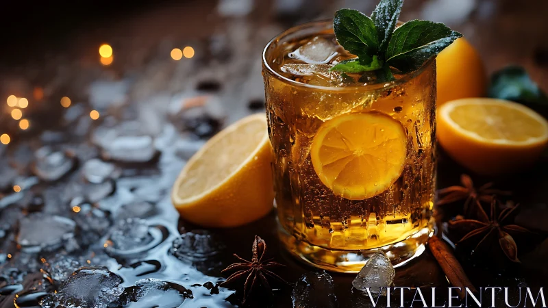 Amber Iced Beverage with Citrus Slice Garnish and Fresh Mint Leaf Composition