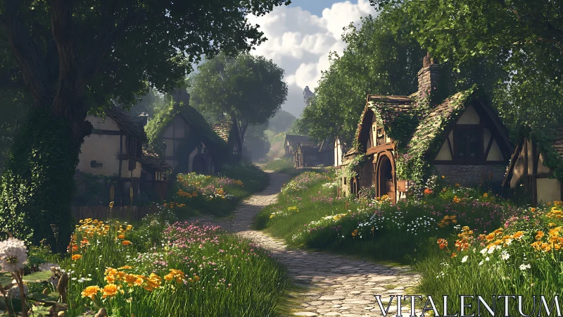 Sunlit cottage lane winds through lush, flowered village
