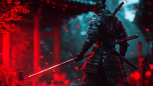 Bloodlit samurai warrior poised amid glowing scarlet petals.