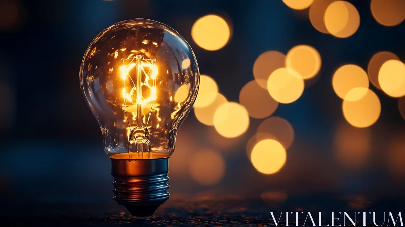 Glass light bulb glows sharply against defocused bokeh lights
