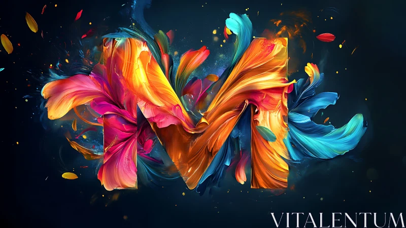 Chromatic M monogram with explosive fluid-swatch dynamics.