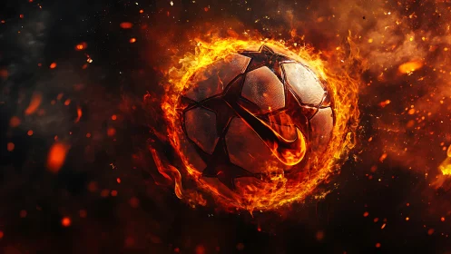 Digital painting of flaming soccer ball with intense motion effects.
