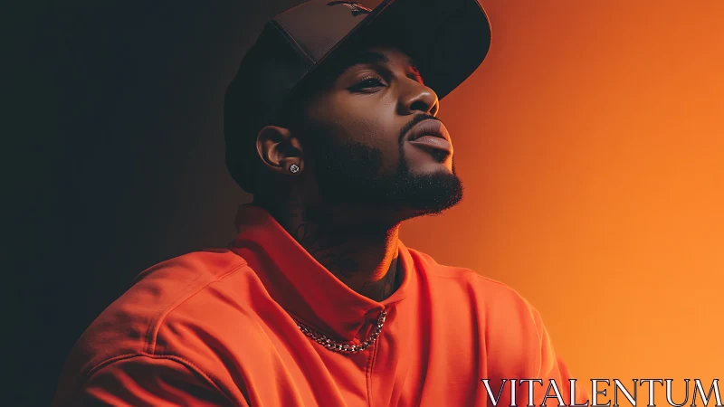 Low key portrait of man in orange streetwear under warm rim light