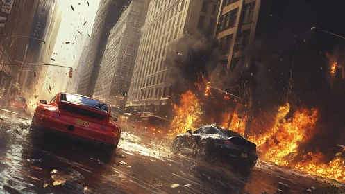Urban Street Disaster: Red Car Evading Explosive Fireball