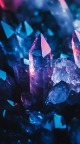 Neon quartz crystals under blue and magenta glow.