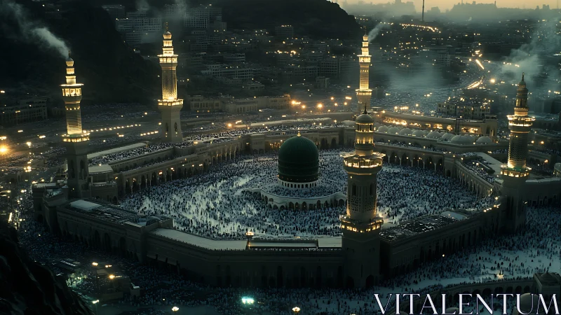Nighttime aerial view of large mosque complex during gathering