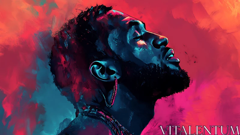 Neon-lit portrait captures introspective upward gaze. Period.