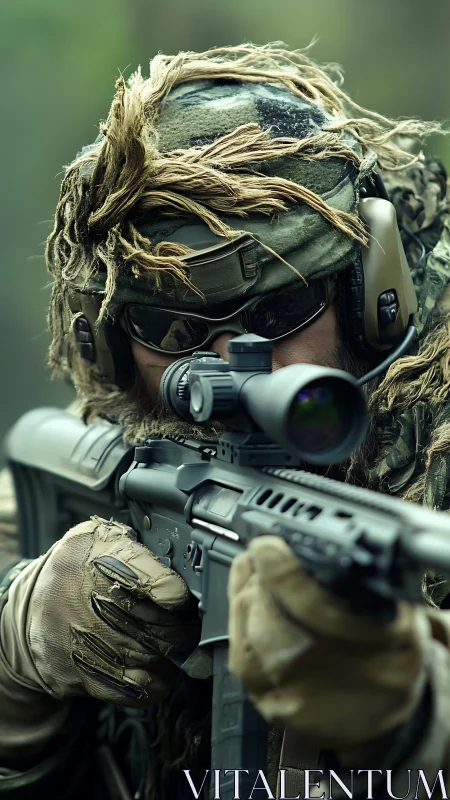 Camouflaged sniper aiming rifle with optical scope outdoors.