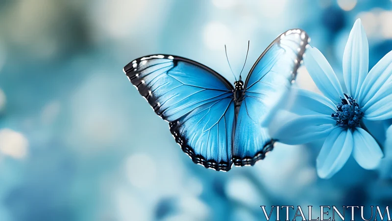 Sky-tinted butterfly pausing on a dream-bright blossom.