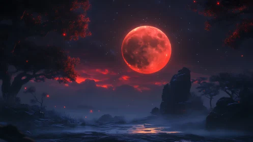 Red lunar disk over misty rocky landscape at night.