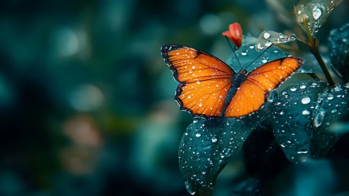 Rain-kissed orange butterfly glows on deep teal foliage.
