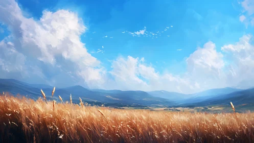 Golden wheat field under vast blue sky and distant hills.