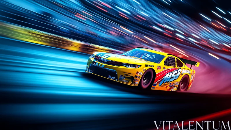 Yellow stock car on banked racetrack under motion blur lighting.