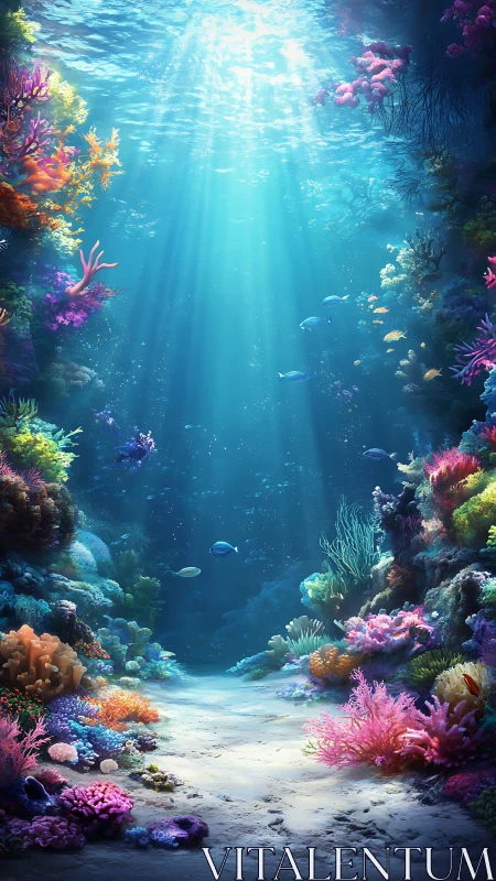 Sunlit coral canyon with vibrant reef life and sand path.