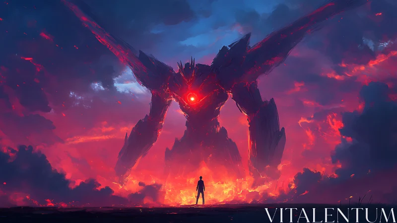 Colossal molten mech looming over lone human in infernal sky