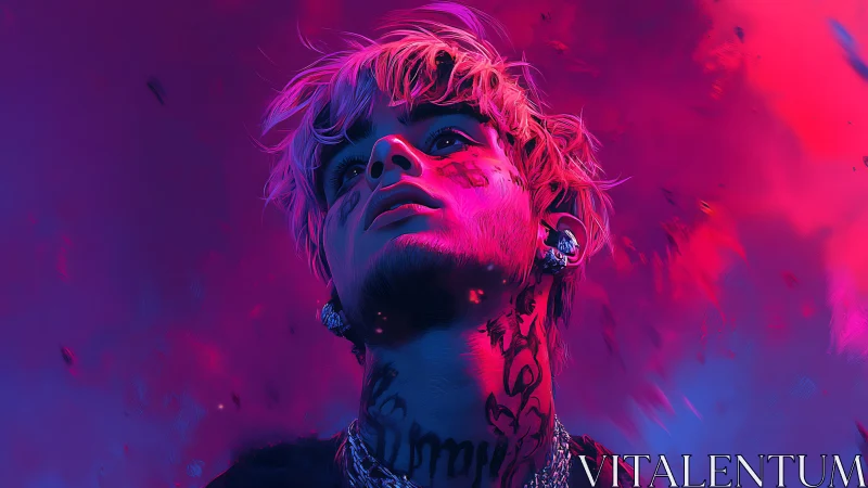 Neon magenta portrait of tattooed youth in cinematic upshot