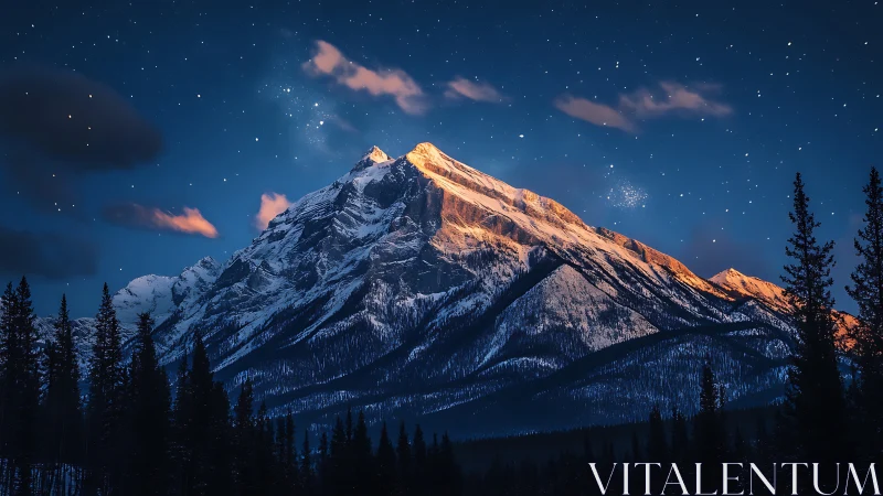 Snowy mountain under stars with warm sunset light.
