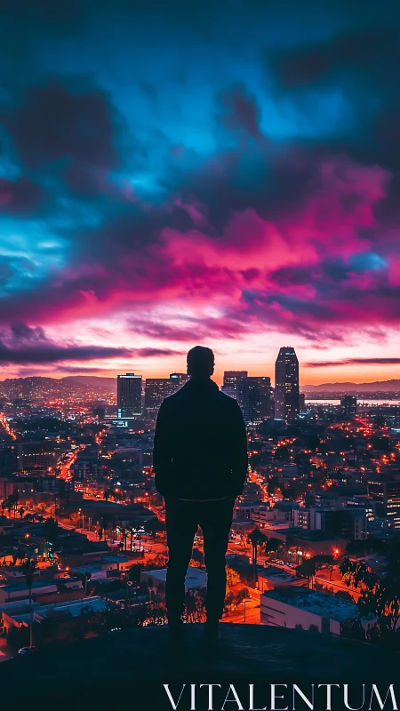 Silhouette observing illuminated city under vivid dusk sky.