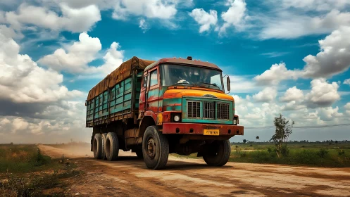 Dusty country road crowns a painted cargo truck king