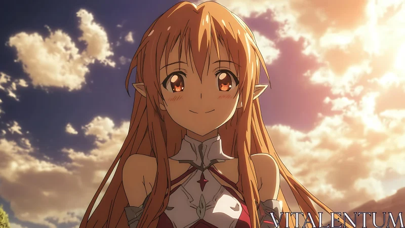 Sunlit anime heroine with flowing hair under glowing sky.