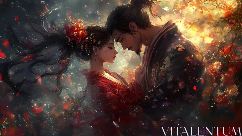 Intimate moment between two figures amid golden light.