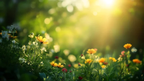 Sunlit yellow wildflowers occupy a shallow-focus garden scene