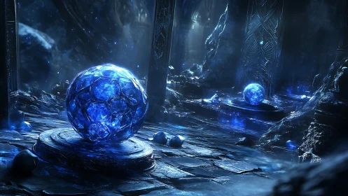 Luminous crystal orbs ignite a forgotten icebound temple.
