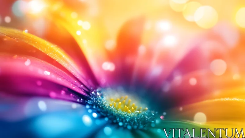 Radiant macro flower glows in swirling rainbow bokeh light.