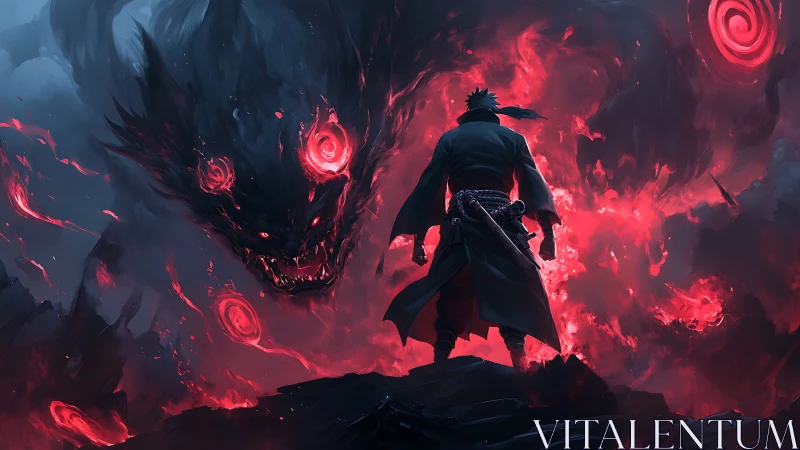 Lone warrior confronts colossal demon in crimson storm