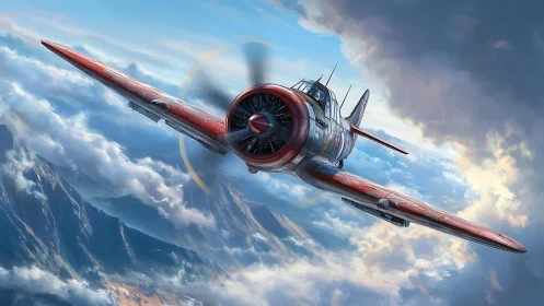 Red propeller fighter plane cutting through storm clouds.